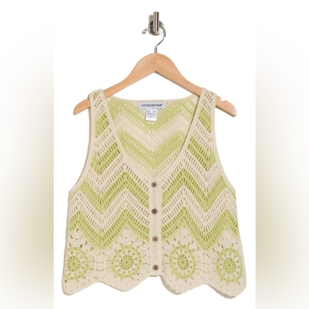 Cotton Emporium NWT Green & Ivory Button Up Crochet Vest Women’s Size XL